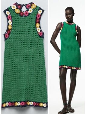 NWT ZARA Limited Edition Floral Crochet Mini Dress in Green Size S Festival Boho